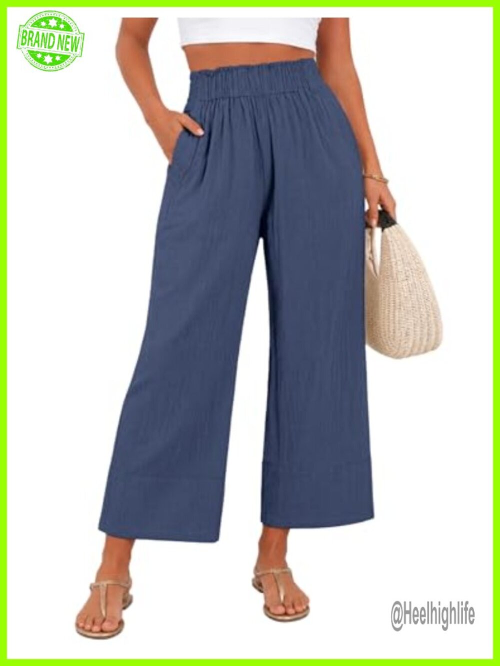 Linen Cotton Wide Leg Cropped Palazzo Pants with Pockets